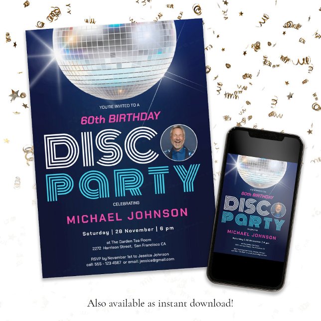 Photo Disco Party Fun Modern Retro 60th Birthday  Invitation (60th Birthday Disco Party Fun Modern Retro Photo Invitation)
