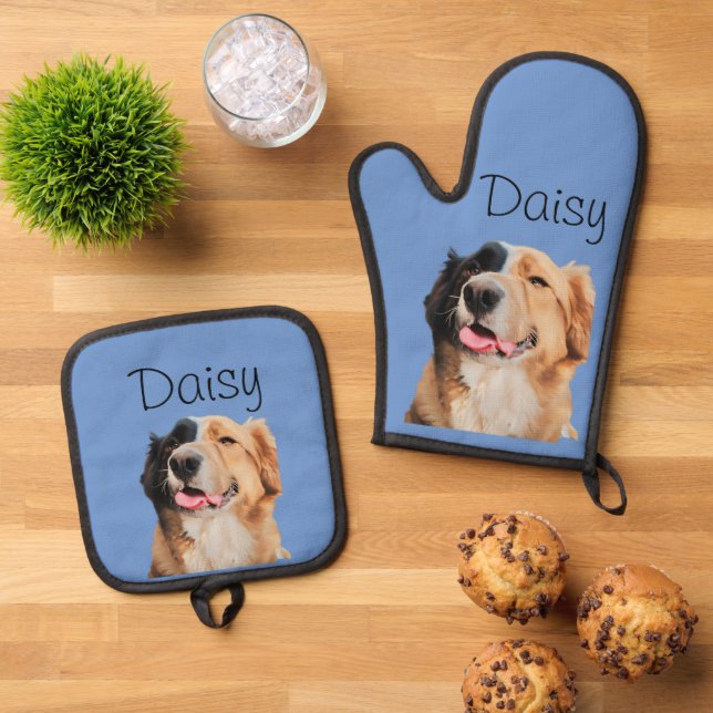 Photo Dog Cat Custom Monogram Oven Mitt & Pot Holder Set (Top Down)