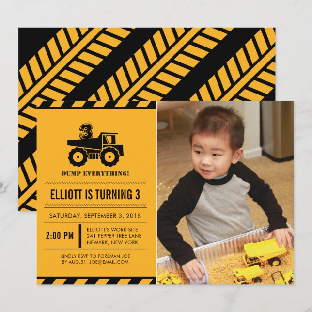 Photo Dump Truck Birthday Party Invites (Front/Back)