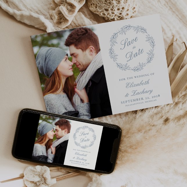Photo Dusty Blue Botanical Wreath Save the Date Invitation (Creator Uploaded)