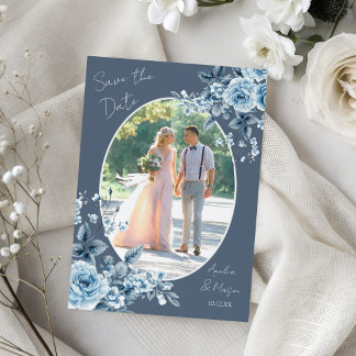 Photo Dusty Blue Script Floral Save the Date Card