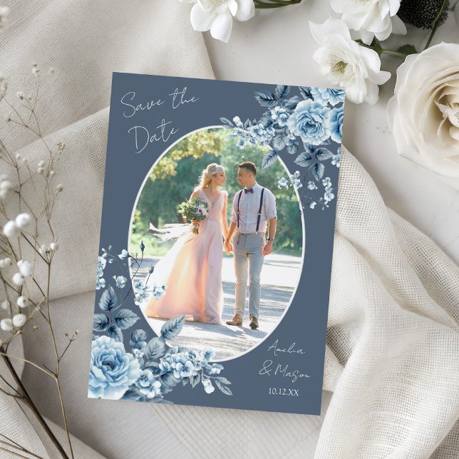 Photo Dusty Blue Script Floral Save the Date Card (Photo Dusty Blue Script Floral Save the Date Card Front)