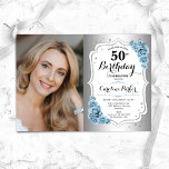 Photo Dusty Blue Silver 50th Birthday Invitation<br><div class="desc">Elegant floral feminine 50th birthday invitation with your photo. Glam design with faux silver. Features light dusty blue roses, script font and confetti. Perfect for a stylish adult bday celebration party. Personalise with your own details. Can be customised for any age! Printed Zazzle invitations or instant download digital printable template....</div>