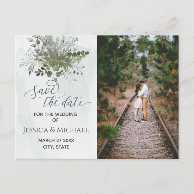 Photo dusty blue watercolor greenery eucalyptus announcement postcard (Front)