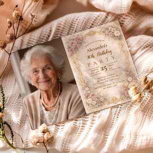 Photo Dusty Rose Baroque Floral 90th Birthday Invitation