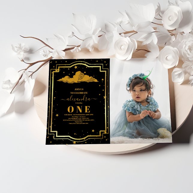 Photo Elegant Black Gold Celestial 1st Birthday Invitation (Creator Uploaded)
