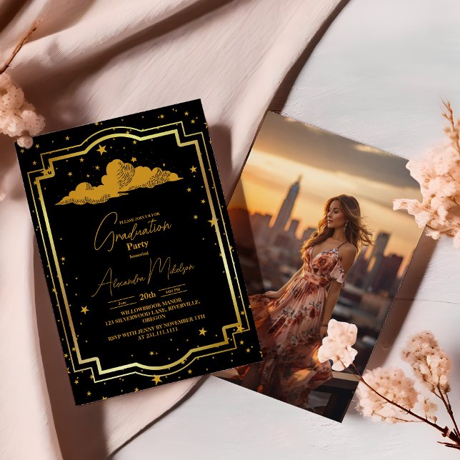 Photo Elegant Black Gold Celestial Graduation Invitation (Creator Uploaded)