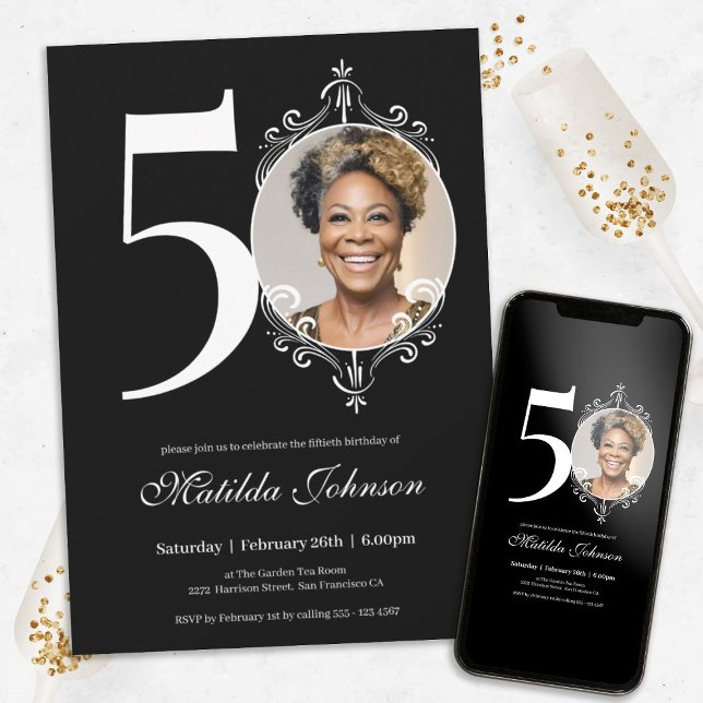 Photo Elegant Black White 50th Birthday Invitation (Chic 50th Birthday Black White Simple Custom Photo Invitation)