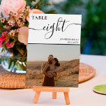 Photo elegant black white chart wedding table number<br><div class="desc">Simple black white script wedding table number with geometric stripe and photo,  and add your photo at the back for a wedding keep sake.</div>