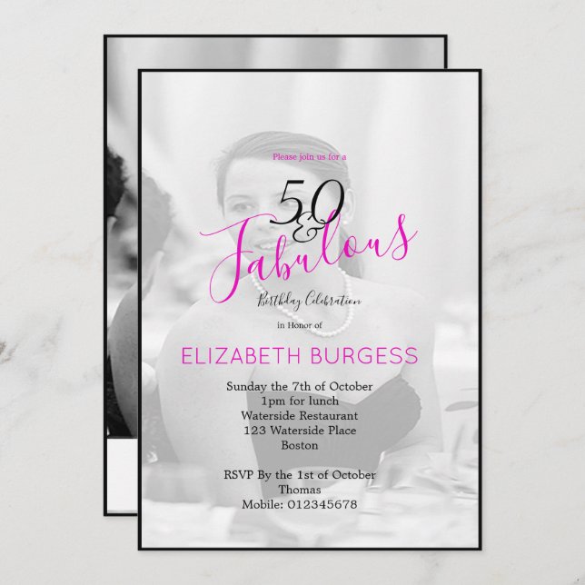 Photo Elegant Black  White Pink 50 and Fabulous Invitation (Front/Back)