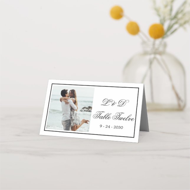 Photo Elegant Black White Wedding Table Number Place Card (Front)
