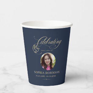 Photo Elegant Blue Gold Dove Funeral Memorial Paper Cups