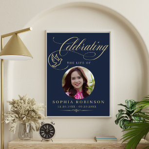 Photo Elegant Blue Gold Dove Funeral Memorial Poster