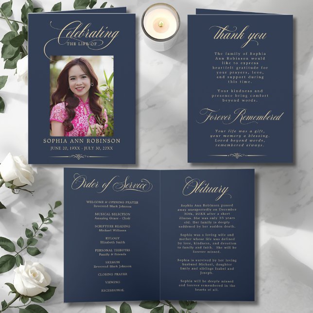 Photo Elegant Blue Gold Funeral Keepsake Program Card (Creator Uploaded)