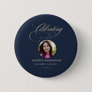 Photo Elegant Blue Gold Script Funeral Memorial 6 Cm Round Badge