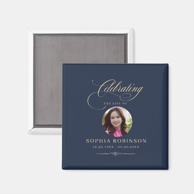 Photo Elegant Blue Gold Script Funeral Memorial  Magnet (Front/Back)