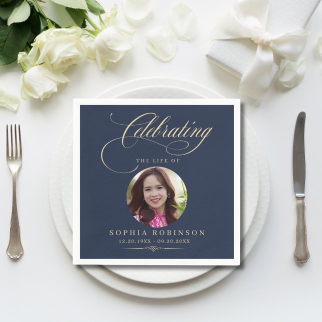 Photo Elegant Blue Gold Script Funeral Memorial  Napkin (Creator Uploaded)