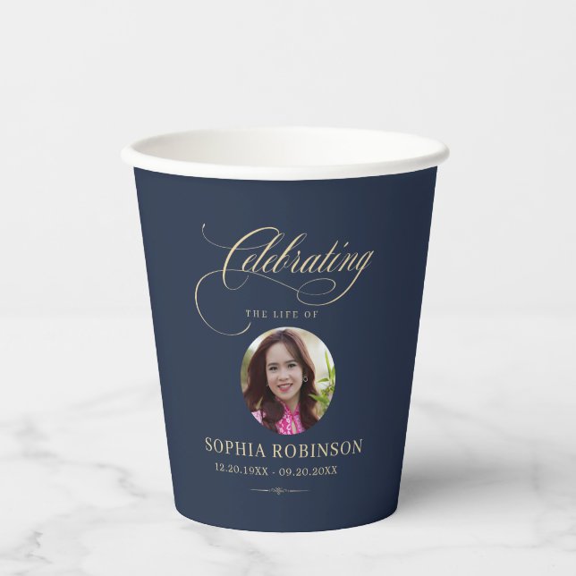 Photo Elegant Blue Gold Script Funeral Memorial  Paper Cups (Front)