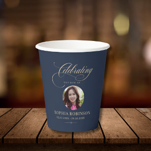 Photo Elegant Blue Gold Script Funeral Memorial  Paper Cups