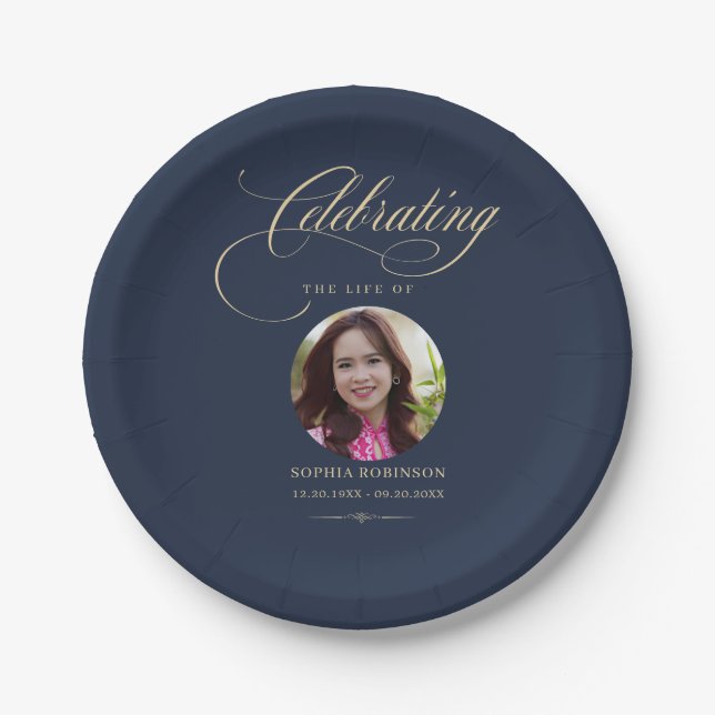 Photo Elegant Blue Gold Script Funeral Memorial  Paper Plate (Front)