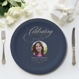 Photo Elegant Blue Gold Script Funeral Memorial  Paper Plate