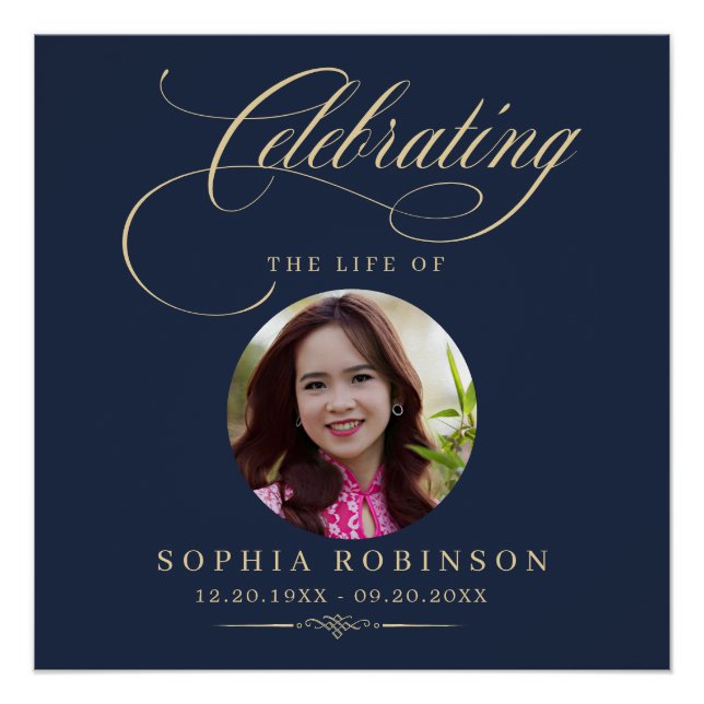 Photo Elegant Blue Gold Script Funeral Memorial  Poster (Front)