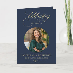 Photo Elegant Blue Gold Script Funeral Program Card
