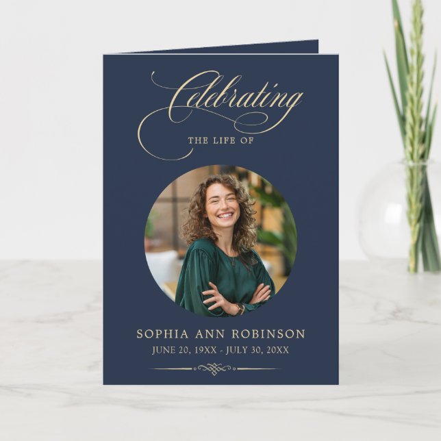 Photo Elegant Blue Gold Script Funeral Program Card (Front)