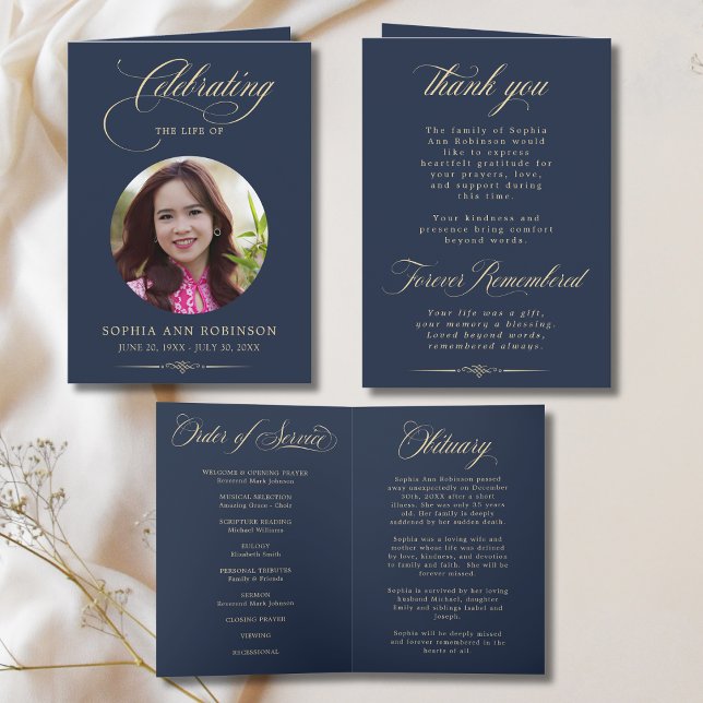 Photo Elegant Blue Gold Script Funeral Program Card (Creator Uploaded)