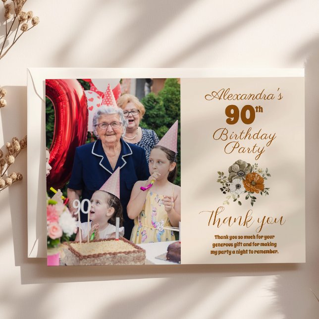Photo Elegant Boho Floral 90th Birthday Thank You Card (Creator Uploaded)