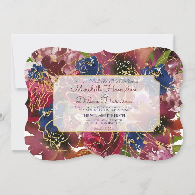 Photo Elegant Burgundy Blue Gold Floral Wedding Invitation (Front)