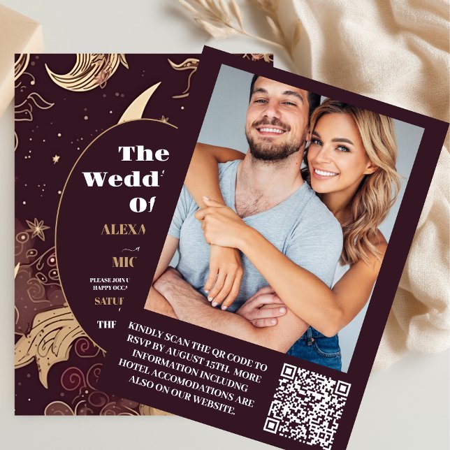 Photo Elegant Burgundy Gold Celestial Wedding Invitation (Creator Uploaded)