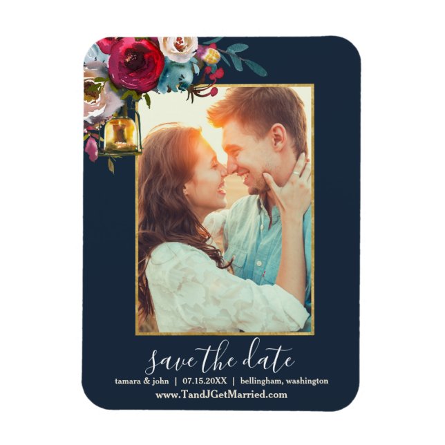 Photo Elegant Burgundy Navy Floral Save the Date Magnet (Vertical)