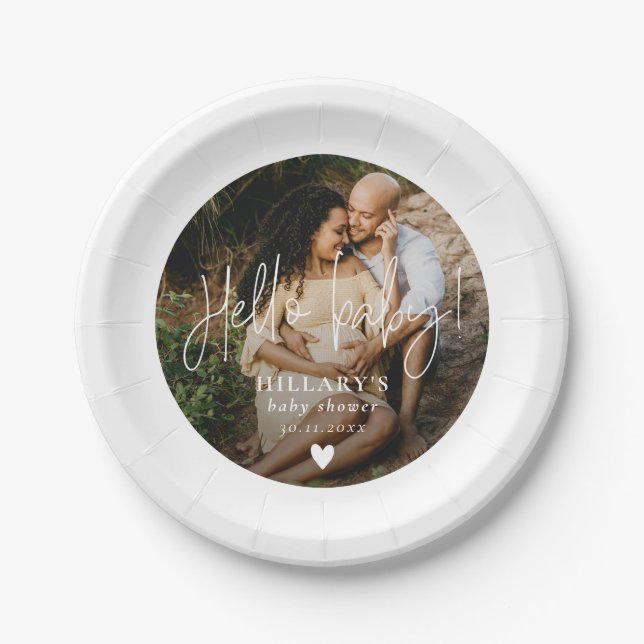 Photo Elegant Calligraphy Baby Shower Hello baby  Paper Plate (Front)