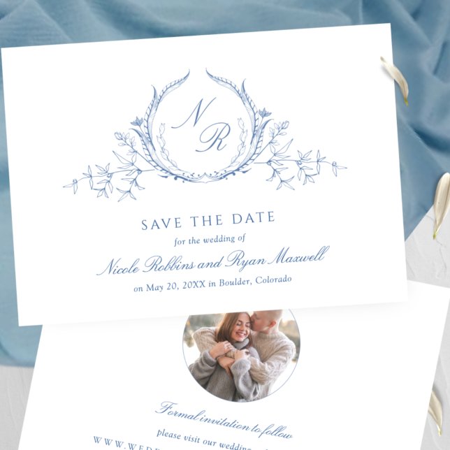Photo Elegant Classic Blue Monogram Wedding Save The Date (Creator Uploaded)