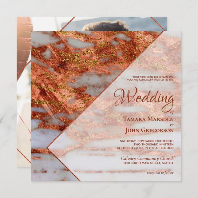 Photo Elegant Copper Marble Geometric Wedding Invitation (Front/Back)