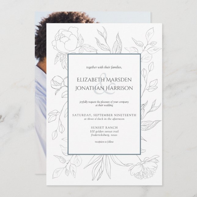 Photo Elegant Dusty Blue Line Drawing Floral  Invitation (Front/Back)