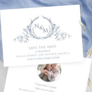 Photo, Elegant Dusty Blue Monogram Wedding Save The Date