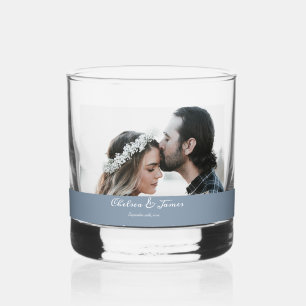 Photo Elegant Dusty Blue Script Wedding Party Whiskey Glass