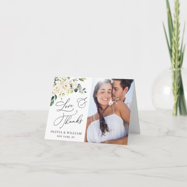 PHOTO Elegant Eucalyptus White Roses Floral Thank You Card (Front)