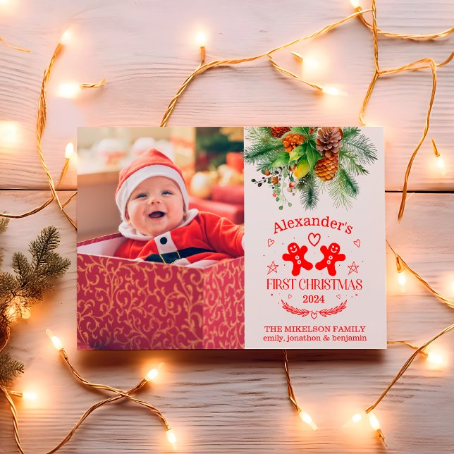 Photo Elegant Floral Baby's First Christmas Holiday Card (Creator Uploaded)