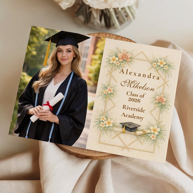 Photo Elegant Gold Geometric Floral Graduation Announcement (Creator Uploaded)