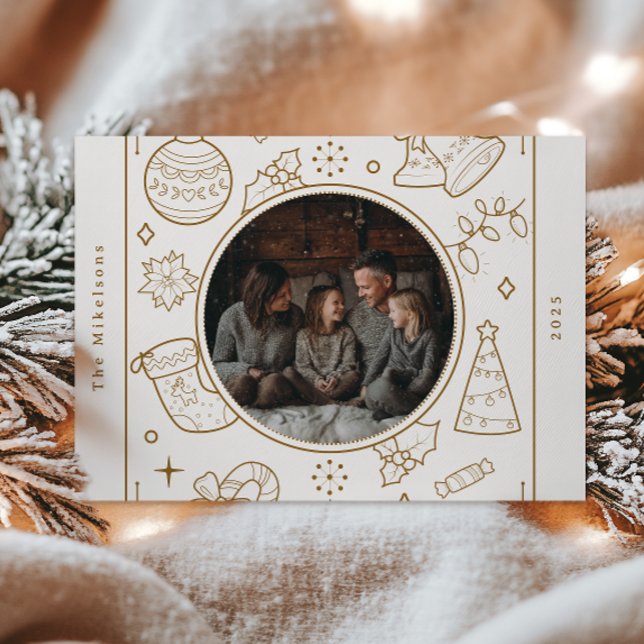Photo Elegant Gold Line Art Christmas Holiday Card (Creator Uploaded)
