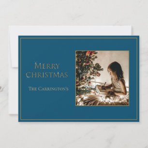 Photo Elegant Gold Merry Christmas Blue Holiday Card