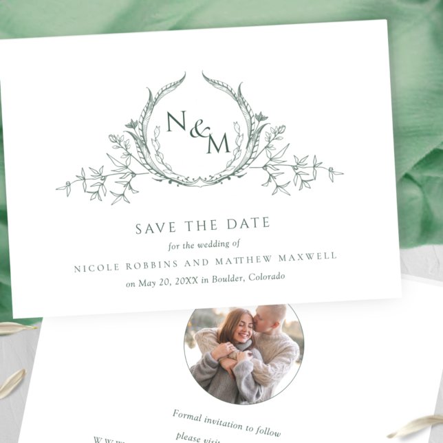 Photo, Elegant Green Monogram Wedding Save The Date (Creator Uploaded)