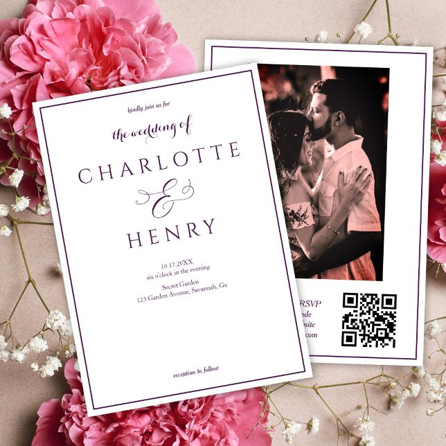 Photo Elegant  Purple QR Code and RSVP Wedding  Invitation (Creator Uploaded)