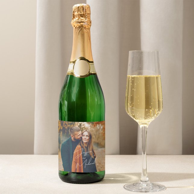 Photo Elegant Script Boho Wedding  Sparkling Wine Label (Creator Uploaded)