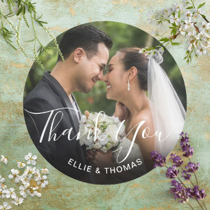 Photo Elegant Script Thank You Classic Round Sticker