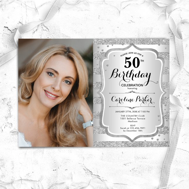 Photo Elegant Silver 50th Birthday Invitation (Creator Uploaded)