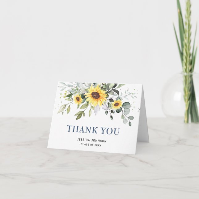 PHOTO Elegant Sunflowers Eucalyptus Graduation Thank You Card (Front)
